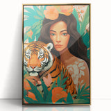 Maximalist Wall Art – Bold Portrait of Woman and Tiger with Floral Accents