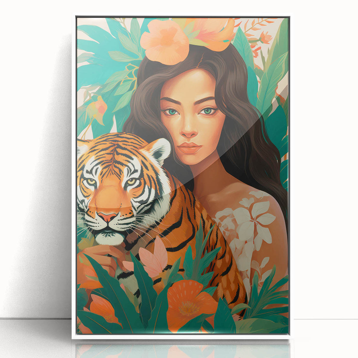 Maximalist Wall Art – Bold Portrait of Woman and Tiger with Floral Accents