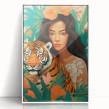 Maximalist Wall Art – Bold Portrait of Woman and Tiger with Floral Accents