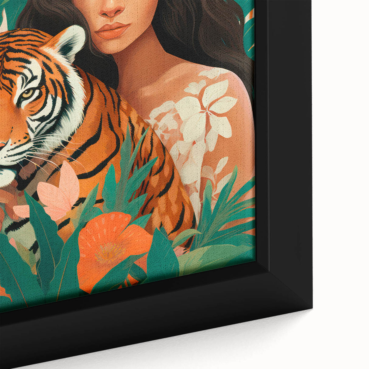 Maximalist Wall Art – Bold Portrait of Woman and Tiger with Floral Accents