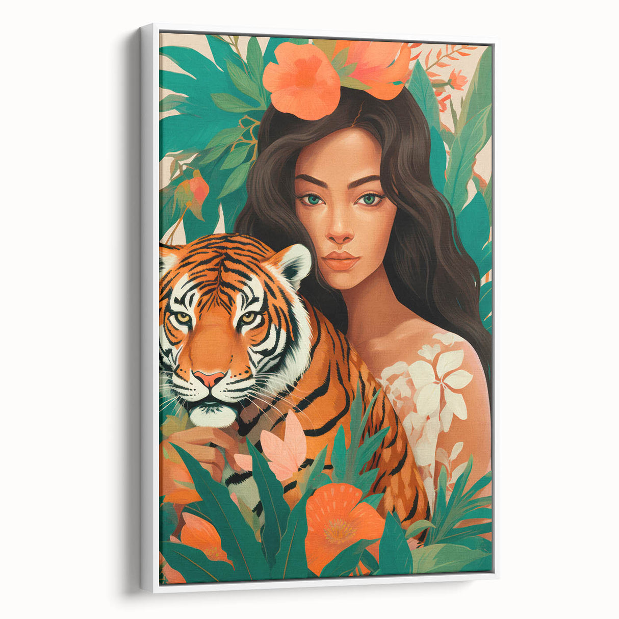 Maximalist Wall Art – Bold Portrait of Woman and Tiger with Floral Accents