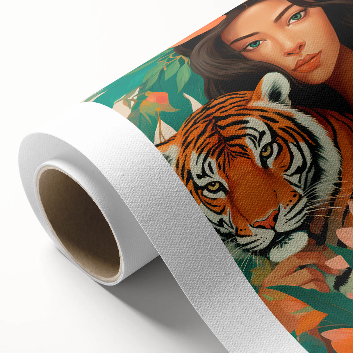 Maximalist Wall Art – Bold Portrait of Woman and Tiger with Floral Accents