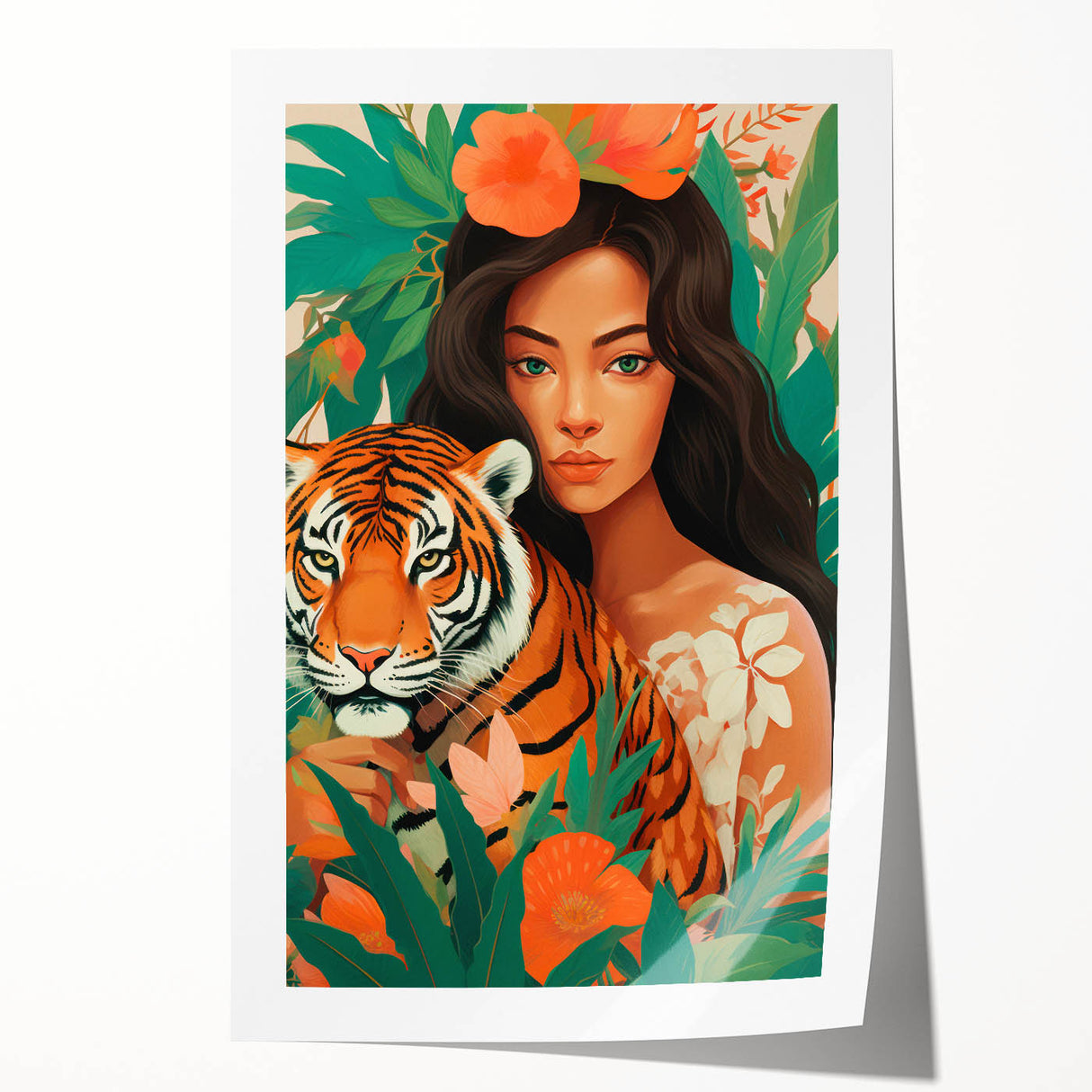 Maximalist Wall Art – Bold Portrait of Woman and Tiger with Floral Accents