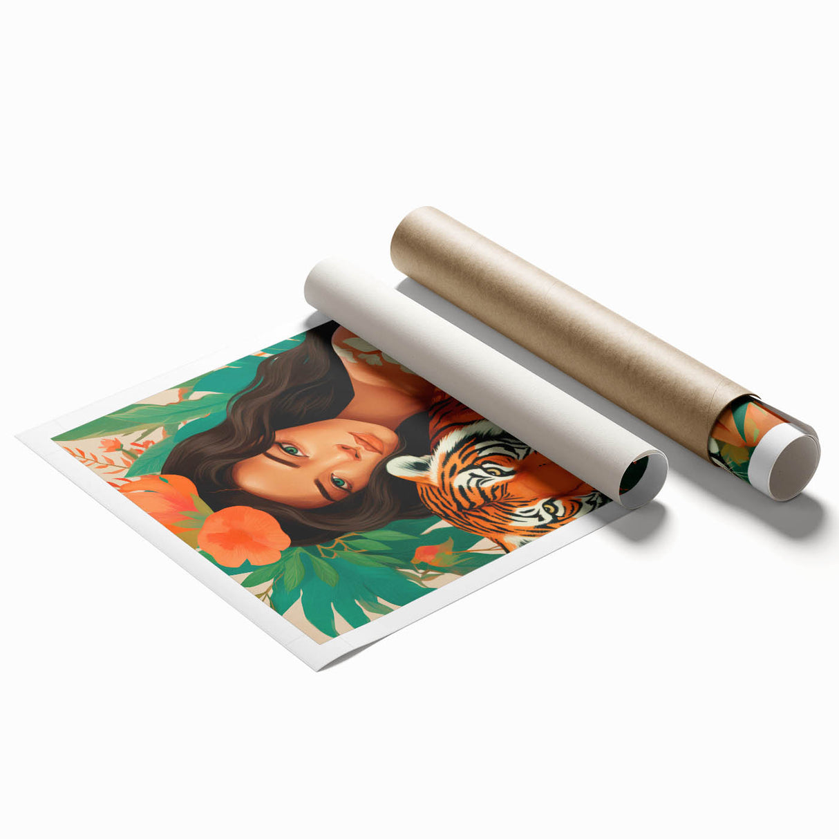 Maximalist Wall Art – Bold Portrait of Woman and Tiger with Floral Accents