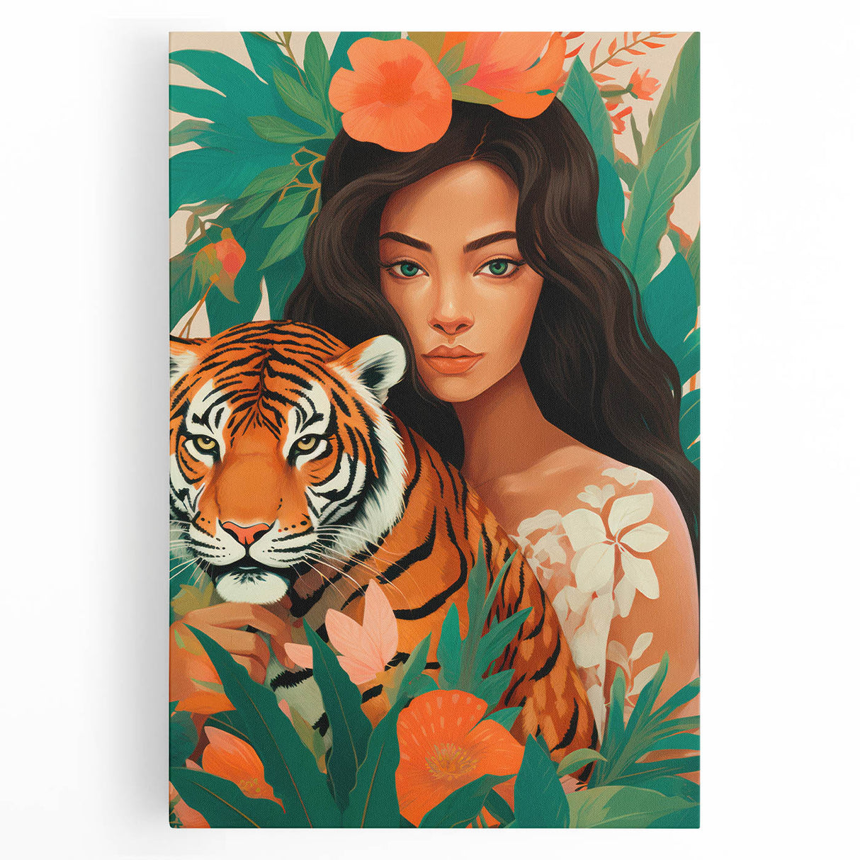 Maximalist Wall Art – Bold Portrait of Woman and Tiger with Floral Accents