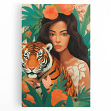 Maximalist Wall Art – Bold Portrait of Woman and Tiger with Floral Accents