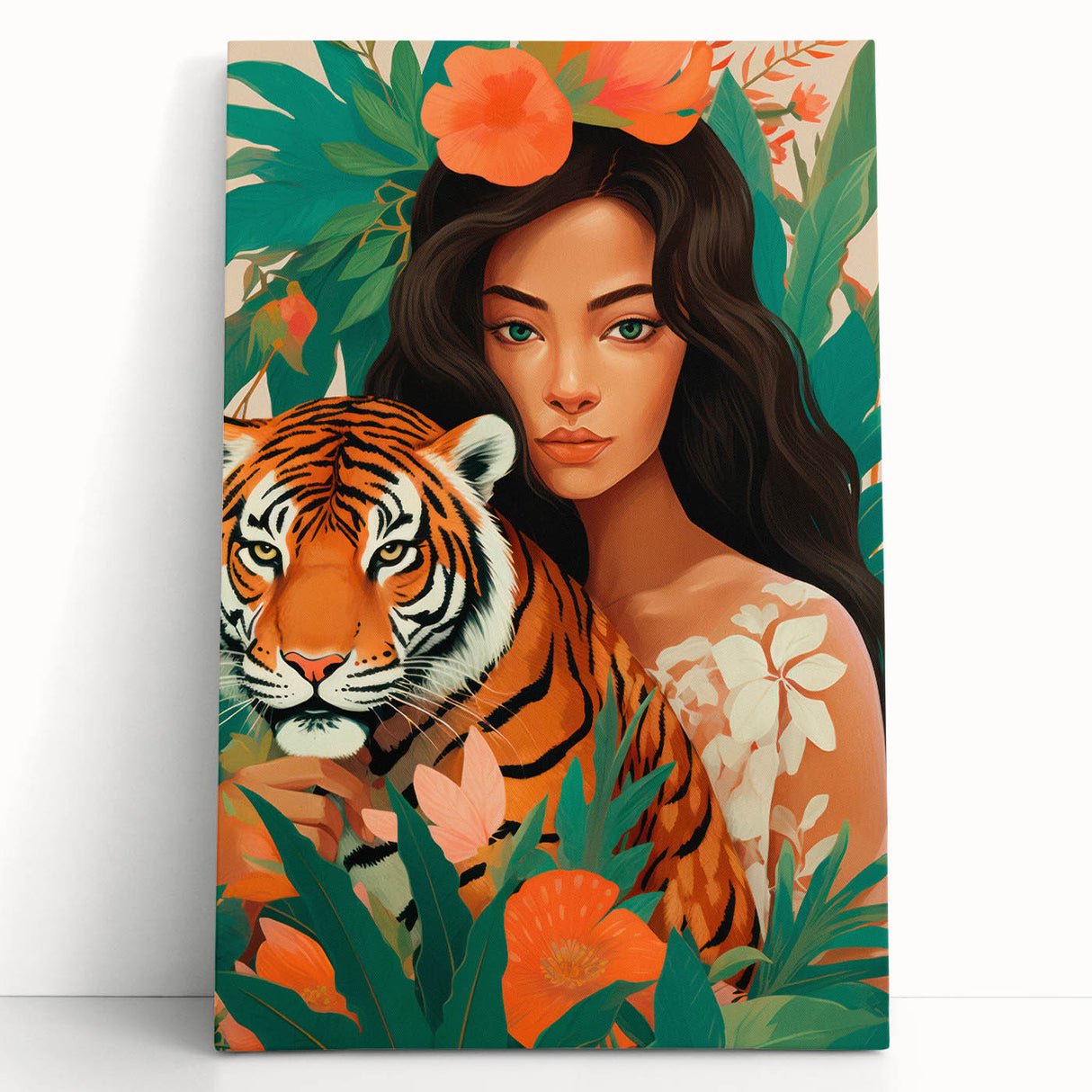 Maximalist Wall Art – Bold Portrait of Woman and Tiger with Floral Accents