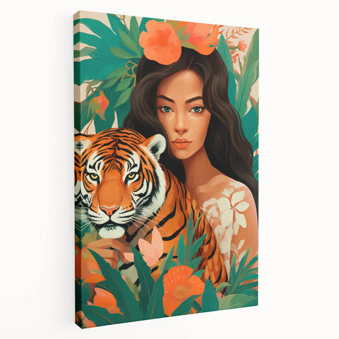 Maximalist Wall Art – Bold Portrait of Woman and Tiger with Floral Accents