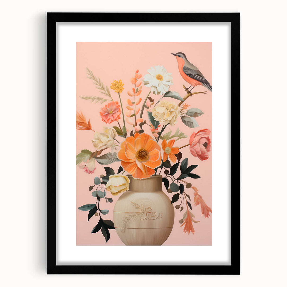 Maximalist Wall Art – Elegant Floral Arrangement with Bird on Peach Background