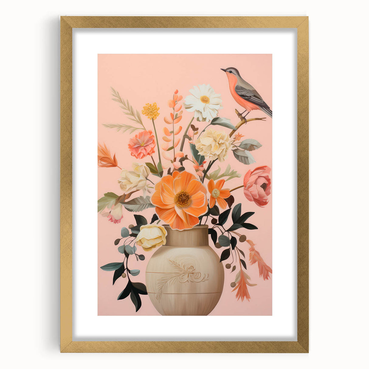 Maximalist Wall Art – Elegant Floral Arrangement with Bird on Peach Background