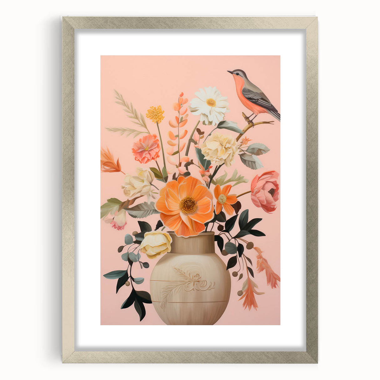 Maximalist Wall Art – Elegant Floral Arrangement with Bird on Peach Background