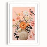 Maximalist Wall Art – Elegant Floral Arrangement with Bird on Peach Background