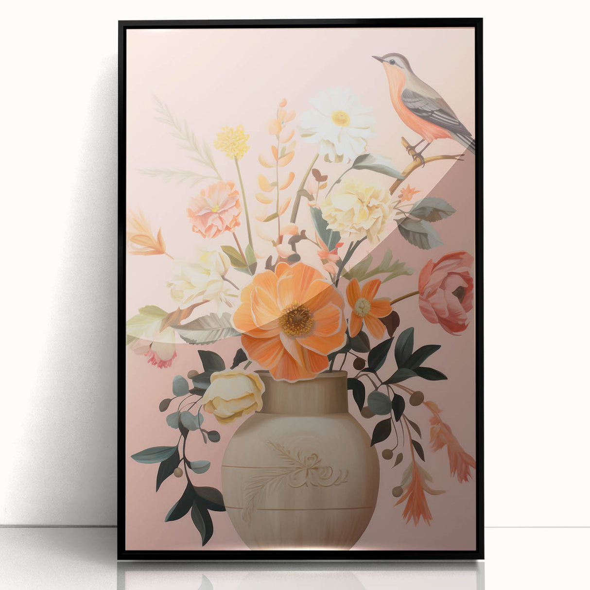 Maximalist Wall Art – Elegant Floral Arrangement with Bird on Peach Background