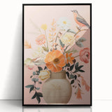 Maximalist Wall Art – Elegant Floral Arrangement with Bird on Peach Background