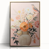 Maximalist Wall Art – Elegant Floral Arrangement with Bird on Peach Background