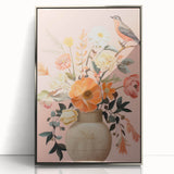 Maximalist Wall Art – Elegant Floral Arrangement with Bird on Peach Background
