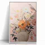 Maximalist Wall Art – Elegant Floral Arrangement with Bird on Peach Background