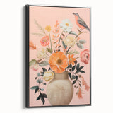 Maximalist Wall Art – Elegant Floral Arrangement with Bird on Peach Background