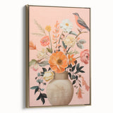 Maximalist Wall Art – Elegant Floral Arrangement with Bird on Peach Background