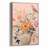 Maximalist Wall Art – Elegant Floral Arrangement with Bird on Peach Background