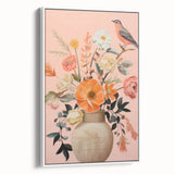 Maximalist Wall Art – Elegant Floral Arrangement with Bird on Peach Background