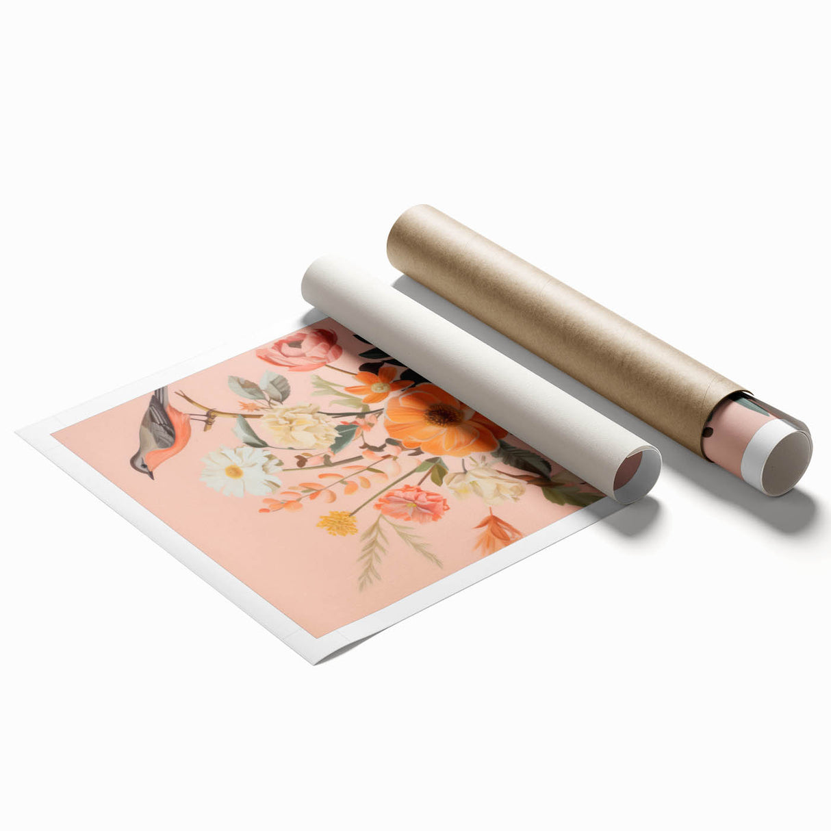 Maximalist Wall Art – Elegant Floral Arrangement with Bird on Peach Background
