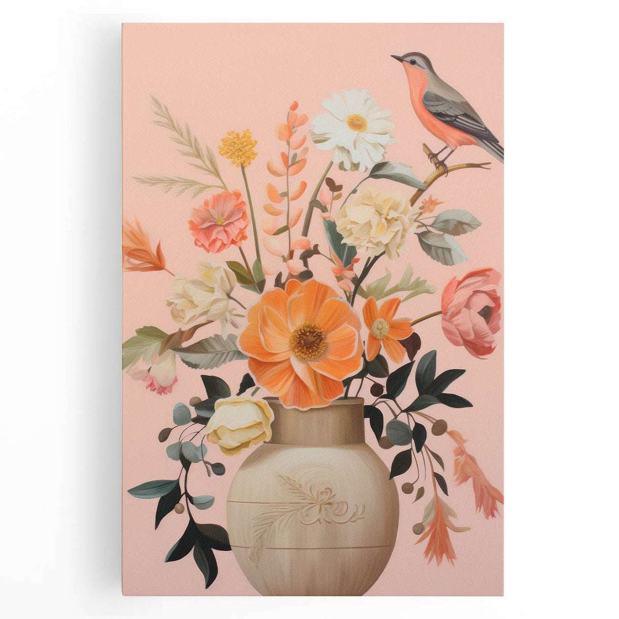Maximalist Wall Art – Elegant Floral Arrangement with Bird on Peach Background