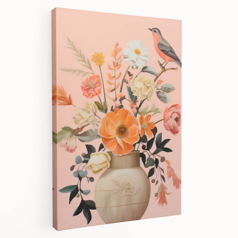 Maximalist Wall Art – Elegant Floral Arrangement with Bird on Peach Background