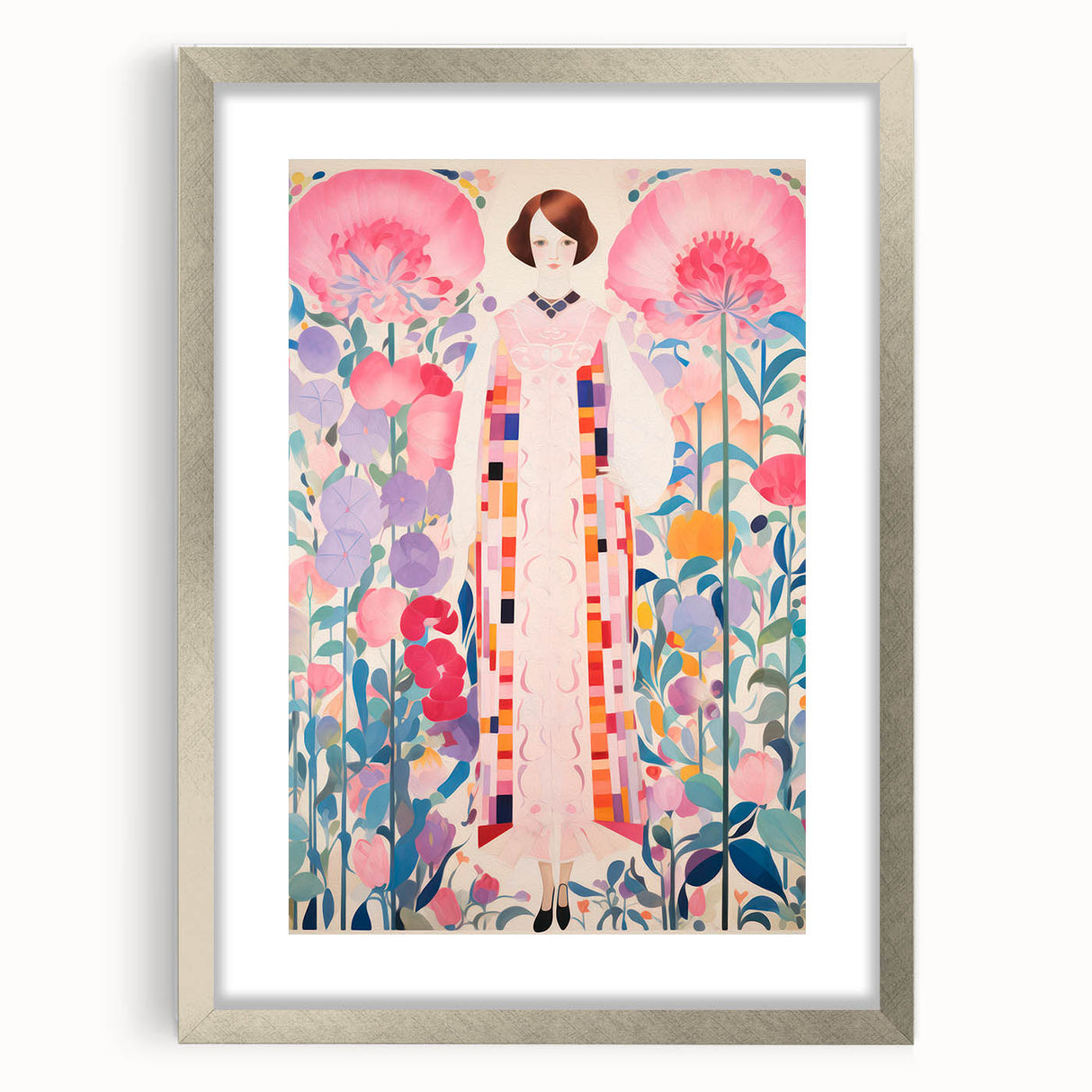 Maximalist Wall Art – Bold Floral Portrait with Geometric Accents