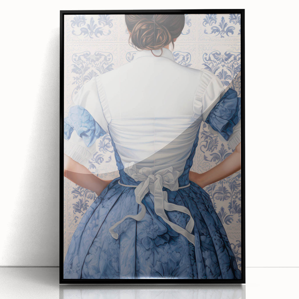Maximalist Wall Art – Elegant Back View of Woman in Blue Floral Dress