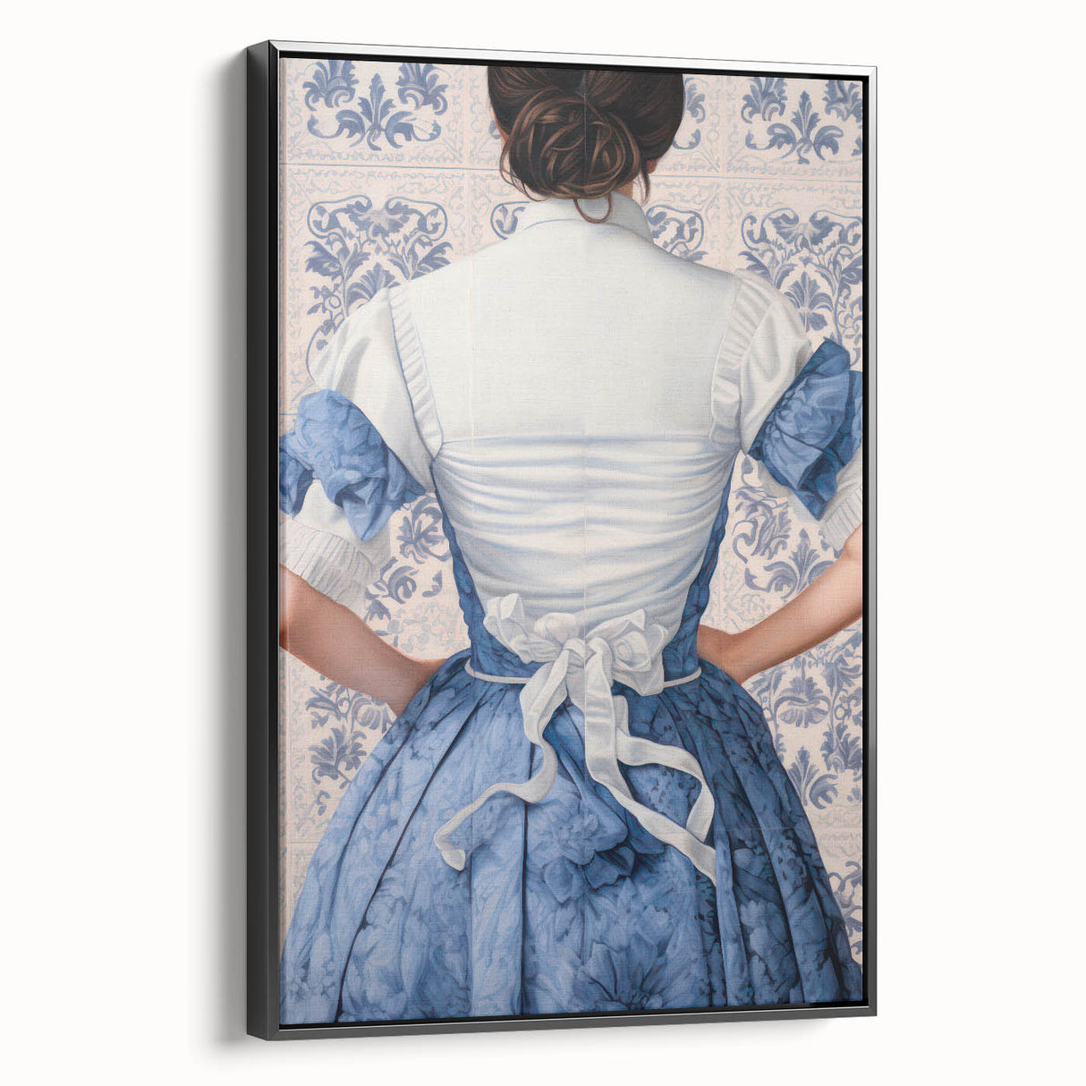 Maximalist Wall Art – Elegant Back View of Woman in Blue Floral Dress