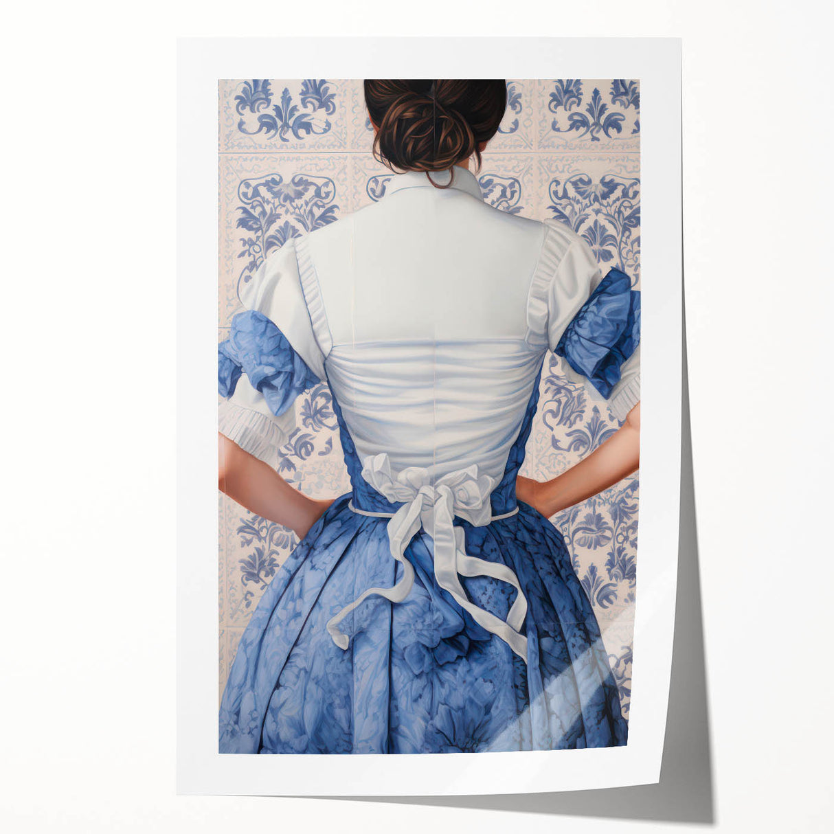 Maximalist Wall Art – Elegant Back View of Woman in Blue Floral Dress