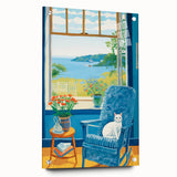 Maximalist Wall Art - Cozy Seaside Scene with Cat - Vibrant Decor Piece