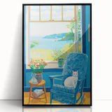 Maximalist Wall Art - Cozy Seaside Scene with Cat - Vibrant Decor Piece