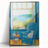 Maximalist Wall Art - Cozy Seaside Scene with Cat - Vibrant Decor Piece