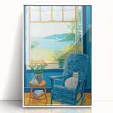 Maximalist Wall Art - Cozy Seaside Scene with Cat - Vibrant Decor Piece
