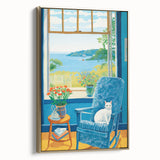 Maximalist Wall Art - Cozy Seaside Scene with Cat - Vibrant Decor Piece