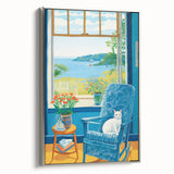 Maximalist Wall Art - Cozy Seaside Scene with Cat - Vibrant Decor Piece