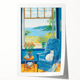 Maximalist Wall Art - Cozy Seaside Scene with Cat - Vibrant Decor Piece