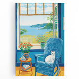 Maximalist Wall Art - Cozy Seaside Scene with Cat - Vibrant Decor Piece