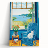 Maximalist Wall Art - Cozy Seaside Scene with Cat - Vibrant Decor Piece