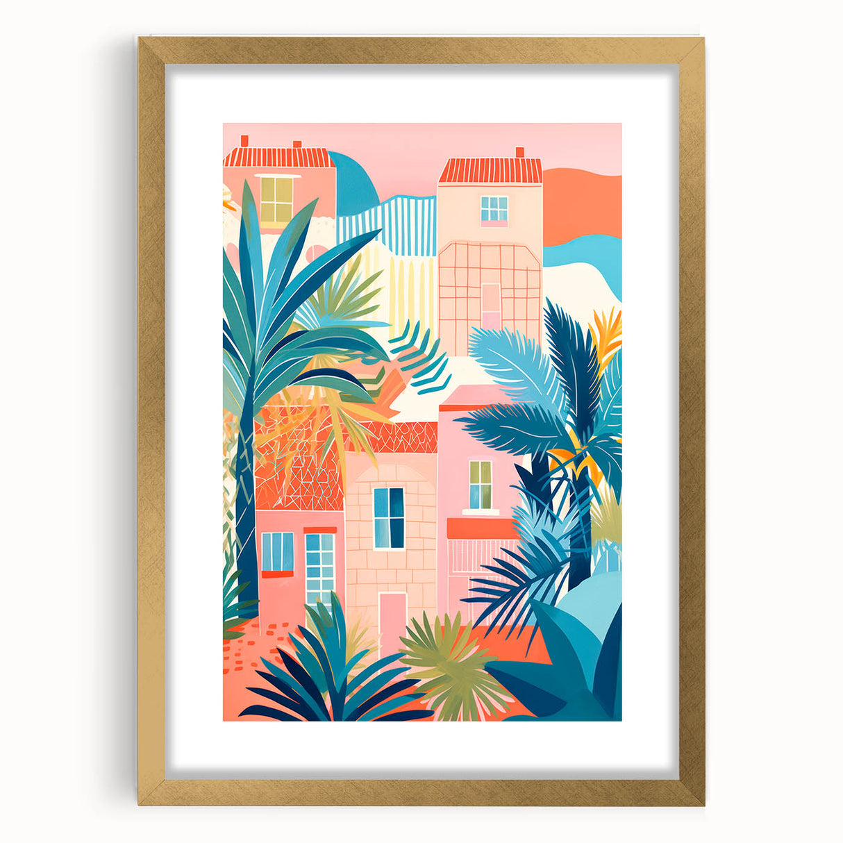 Maximalist Wall Art - Bold Tropical Houses Scene - Vibrant Decor Piece