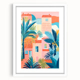 Maximalist Wall Art - Bold Tropical Houses Scene - Vibrant Decor Piece