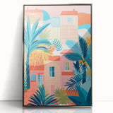 Maximalist Wall Art - Bold Tropical Houses Scene - Vibrant Decor Piece