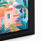 Maximalist Wall Art - Bold Tropical Houses Scene - Vibrant Decor Piece