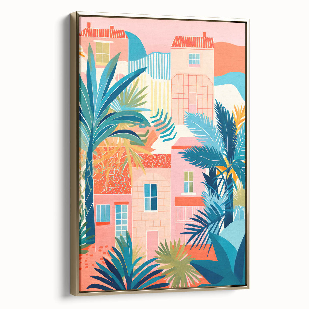 Maximalist Wall Art - Bold Tropical Houses Scene - Vibrant Decor Piece
