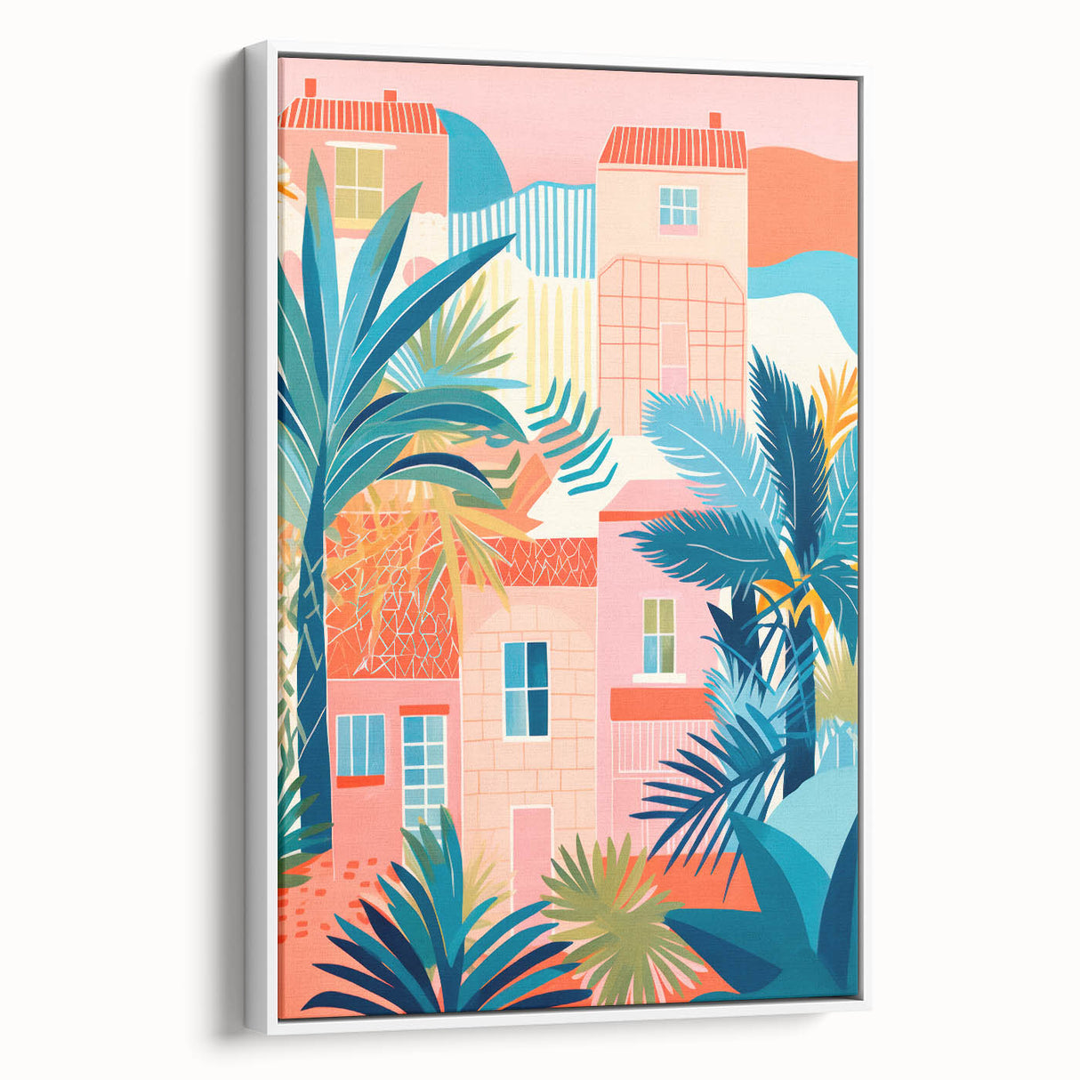 Maximalist Wall Art - Bold Tropical Houses Scene - Vibrant Decor Piece