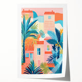 Maximalist Wall Art - Bold Tropical Houses Scene - Vibrant Decor Piece