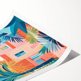 Maximalist Wall Art - Bold Tropical Houses Scene - Vibrant Decor Piece