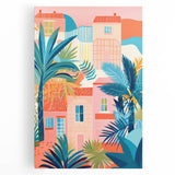 Maximalist Wall Art - Bold Tropical Houses Scene - Vibrant Decor Piece